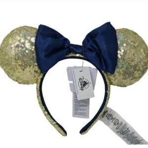 Disney Parks Gold Sequin Mickey Ears Blue Bow Headband